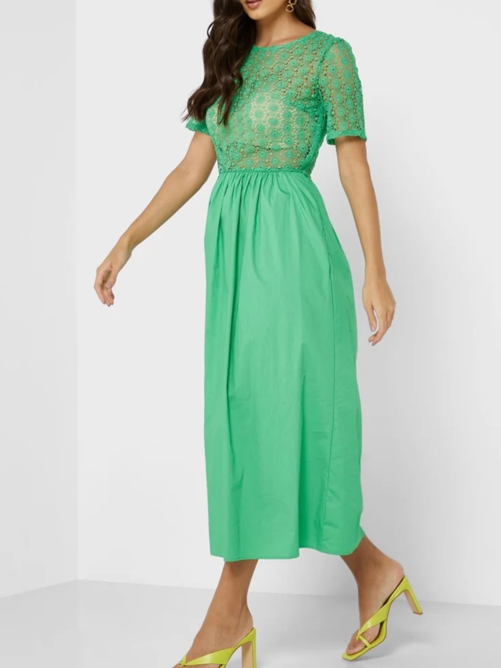 Never Fully Dressed Lace Bodice Midi Dress Green Short Sleeve Sheer Size 10